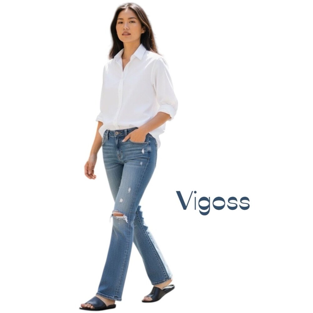 Vigoss Low Rise Factory Distressed Blue Jeans Size 7 Bohemian Festival